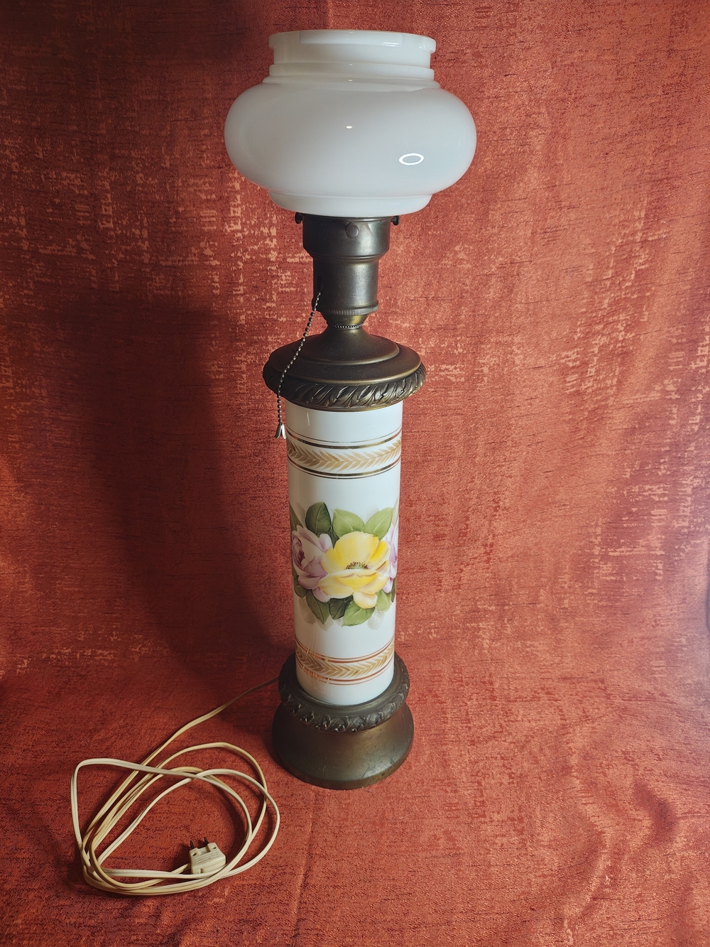 Vintage Mid Century Tall Hand-Painted Floral Porcelain Hurricane Lamp